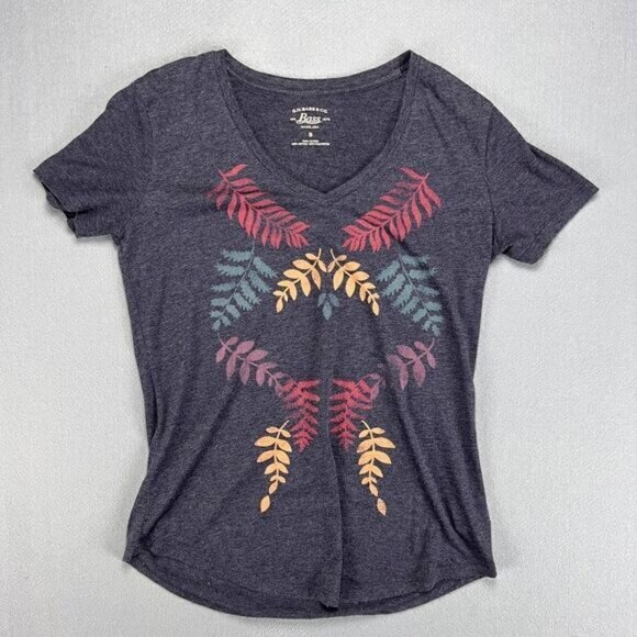 Bass T-Shirt Women's S Small Gray V Neck Fern Multicolor Botanical Print Stretch - Picture 1 of 7